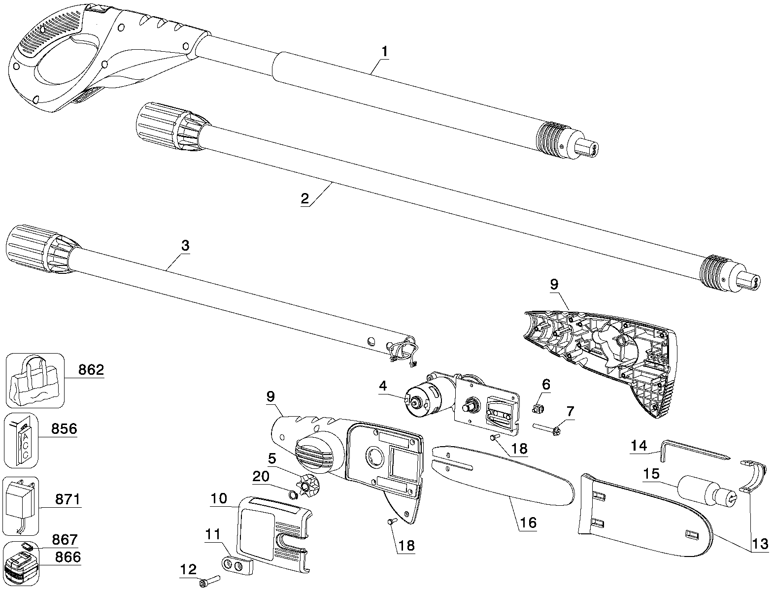 Default Diagram and Parts List for NPP2018B Type 1 Black and Decker Pole Saw
